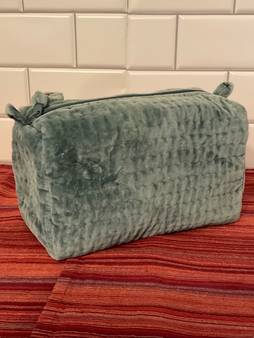 Pottery Barn Plush Quilted Cosmetic Toiletry Bag in Sage Green
